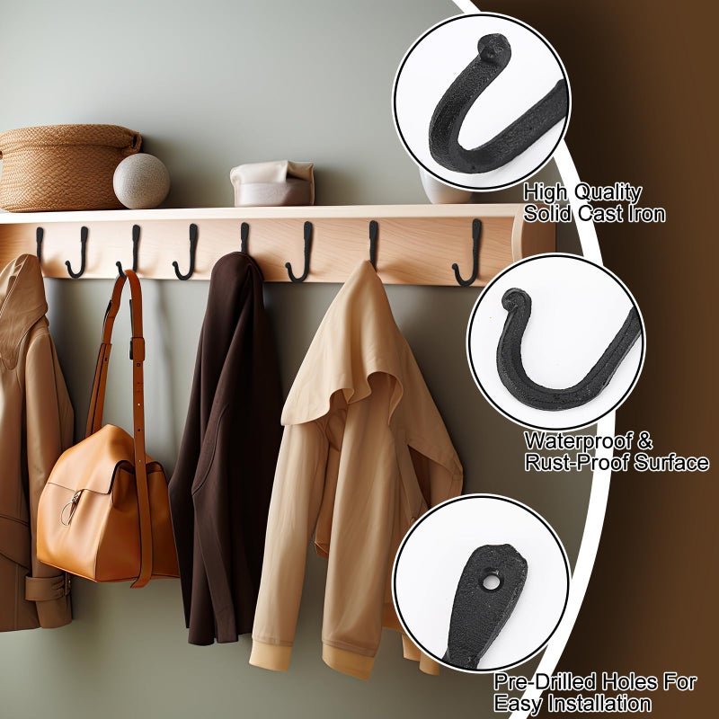 LEIFIDE 6 Pack Wrought Iron Hooks Black Cast Iron Hooks Wall Mounted Handmade Decorative Rustic Metal Rack for Hanging Towel Coat Robe Hat Bags, 4.5 Inch - Image 4