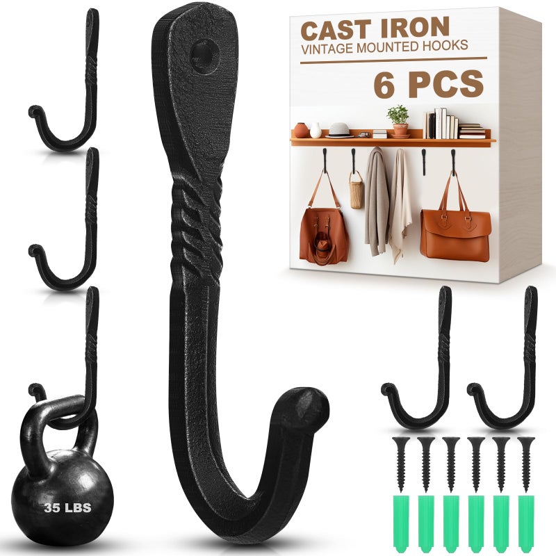 LEIFIDE 6 Pack Wrought Iron Hooks Black Cast Iron Hooks Wall Mounted Handmade Decorative Rustic Metal Rack for Hanging Towel Coat Robe Hat Bags, 4.5 Inch - Image 1