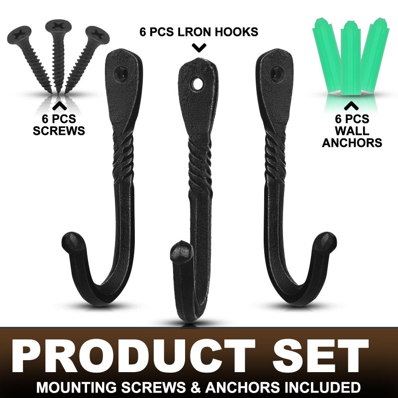 LEIFIDE 6 Pack Wrought Iron Hooks Black Cast Iron Hooks Wall Mounted Handmade Decorative Rustic Metal Rack for Hanging Towel Coat Robe Hat Bags, 4.5 Inch - Image 5
