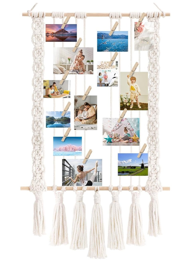 Antikiano - Hanging Photo Display with 30 Wood Clips Macrame Wall Hanging Picture Holder Boho Collage Picture Frame for Home Office Bedroom Living Room Classroom Dorm Decoration - Image 1