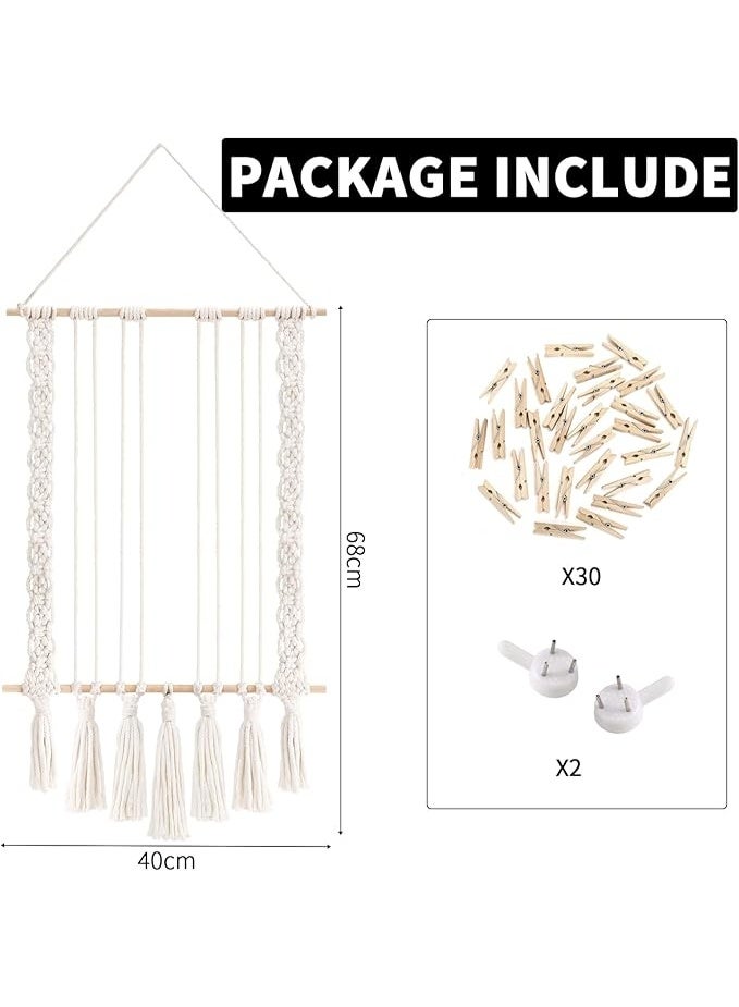 انتيكيانو عرض صور معلق مع 30 مشبك خشبي، حامل صور مكرامي معلق على الحائط، إطار صور بوهو كولاج للمنزل والمكتب وغرفة النوم وغرفة المعيشة والفصول الدراسية وديكور السكن - Image 4