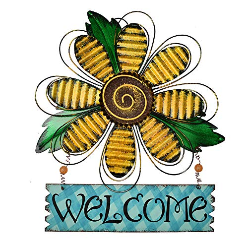 E-view Metal Welcome Sign Daisy Hanging Signs for Front Door - Indoor Outdoor Door Decor Wall Art Flower Decoration Decorative Ornament Wreath for Home Garden Patio (Yellow) - Image 1