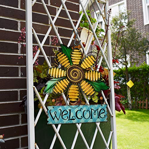 E-view Metal Welcome Sign Daisy Hanging Signs for Front Door - Indoor Outdoor Door Decor Wall Art Flower Decoration Decorative Ornament Wreath for Home Garden Patio (Yellow) - Image 2