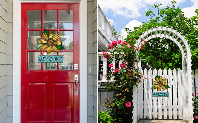 E-view Metal Welcome Sign Daisy Hanging Signs for Front Door - Indoor Outdoor Door Decor Wall Art Flower Decoration Decorative Ornament Wreath for Home Garden Patio (Yellow) - Image 3