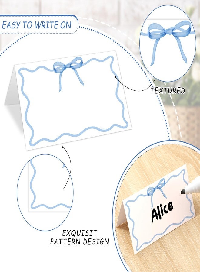 Whaline 100Pcs Blue Bow Place Card 2 x 3.5 Inch Cute Bowknot Tented Card Table Name Sign for Party Banquet Reception Table Setting Supplies - Image 3