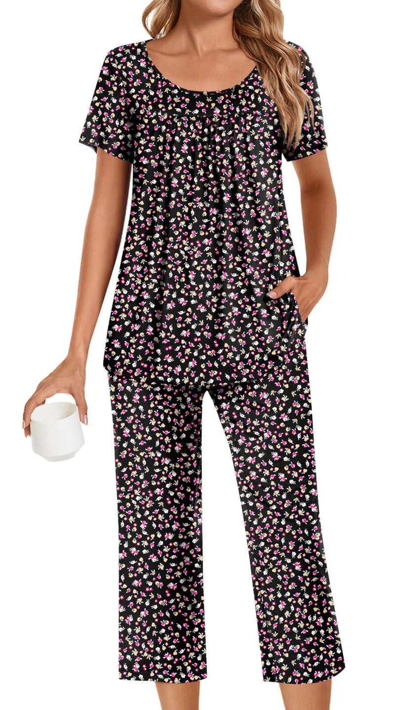 POPYOUNG Womens Pajama Sets Summer Ladies Pjs 2 Piece Loungewear Capri with Pockets Sleepwear XL, Little Flower Black - Image 1