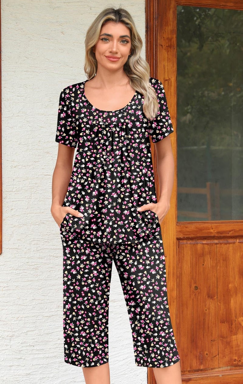 POPYOUNG Womens Pajama Sets Summer Ladies Pjs 2 Piece Loungewear Capri with Pockets Sleepwear XL, Little Flower Black - Image 2