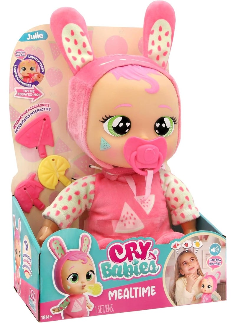 Cry Babies Newborn Mealtime Julie Interactive Doll – Cries Light-Up Tears, Reacts to Feeding and Spits Out Wrong Food Accessories, Includes Pacifier and Interactive Mealtime Accessories, Perfect Gift for Kids - Image 1
