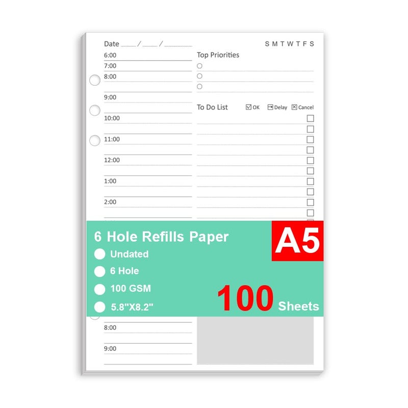 Cheericome Undated Daily Planner Refill - A5 Planner Inserts, 100 Sheets/200 Pages, 6 Hole Refills Paper, Planners Refills for Filofax, College Ruled, 5.8 X 8.26 Inch, 6-Hole Punched, 100gsm - Image 1