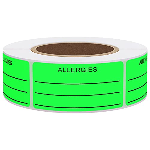 Hybsk Allergies Sticker Fluorescent Green Allergy Stickers/1"x2" Write on Label Total 500 Per Roll (Fluorescent Green) - Image 1