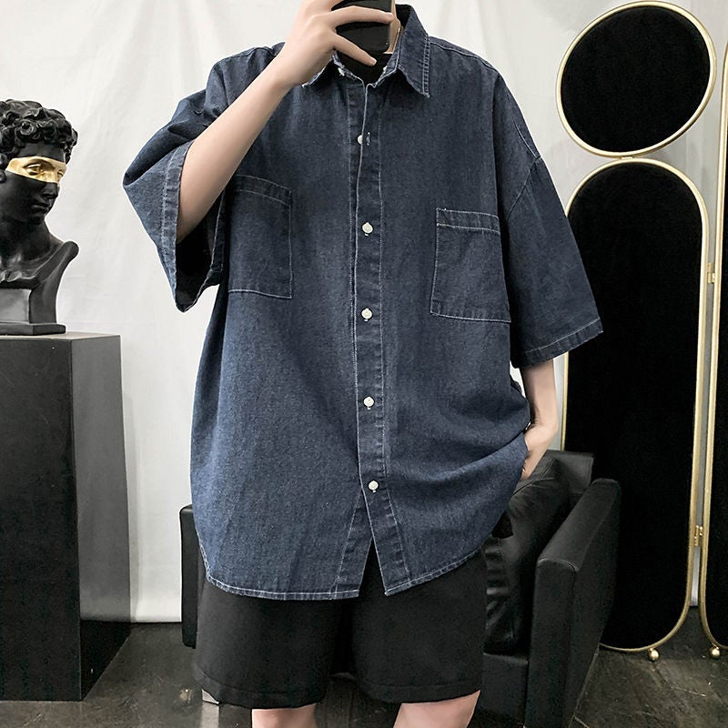 Summer Denim Shirt Mens Casual Short Sleeve Workwear Dark blue 