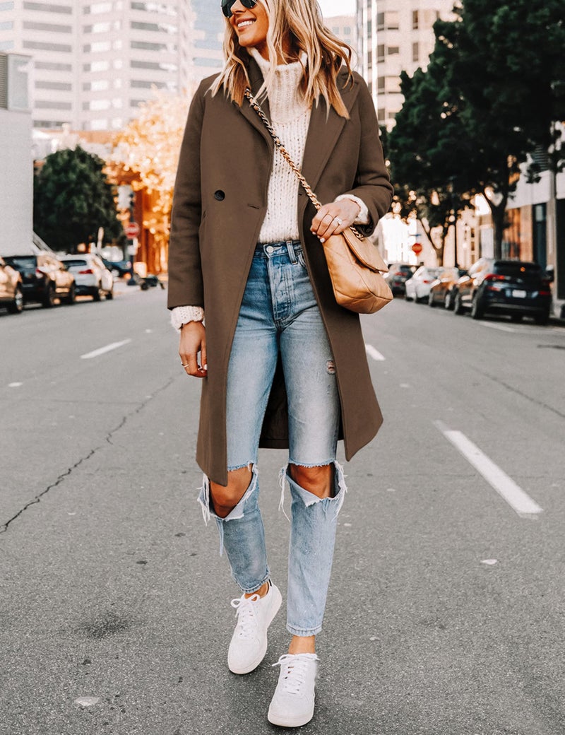 Tanming Women's Notch Lapel Double Breasted Wool Blend Mid Long Pea Trench Coat (Brown-M) - Image 2
