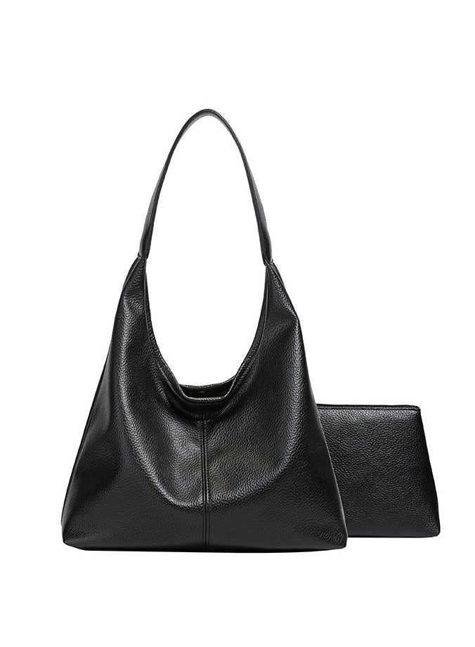 حقيبة الكتف النسائية محكم جلد أسود الملمس داخل مع حقيبة صغيرة التنقل اليومي - Image 1