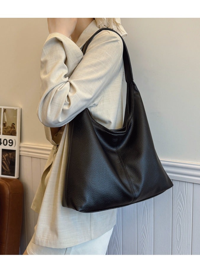 حقيبة الكتف النسائية محكم جلد أسود الملمس داخل مع حقيبة صغيرة التنقل اليومي - Image 4