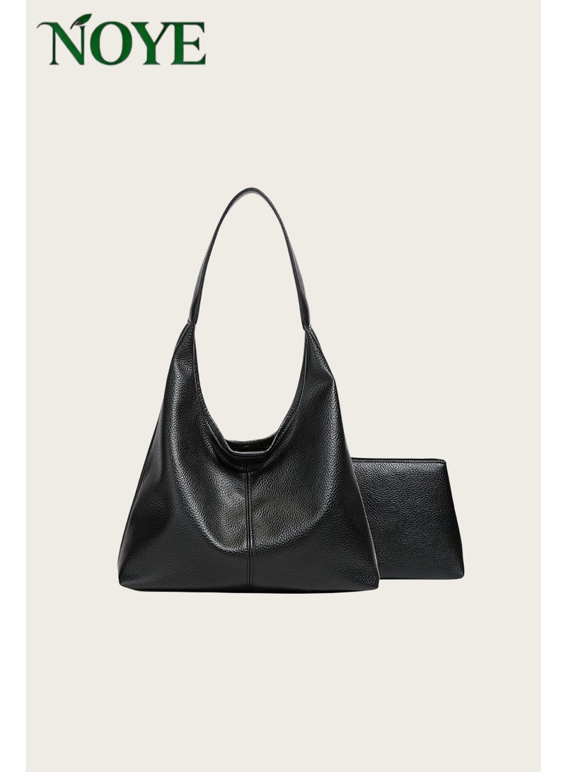 Women's shoulder bag Textured leather black texture inside with small bag daily commute - Image 1