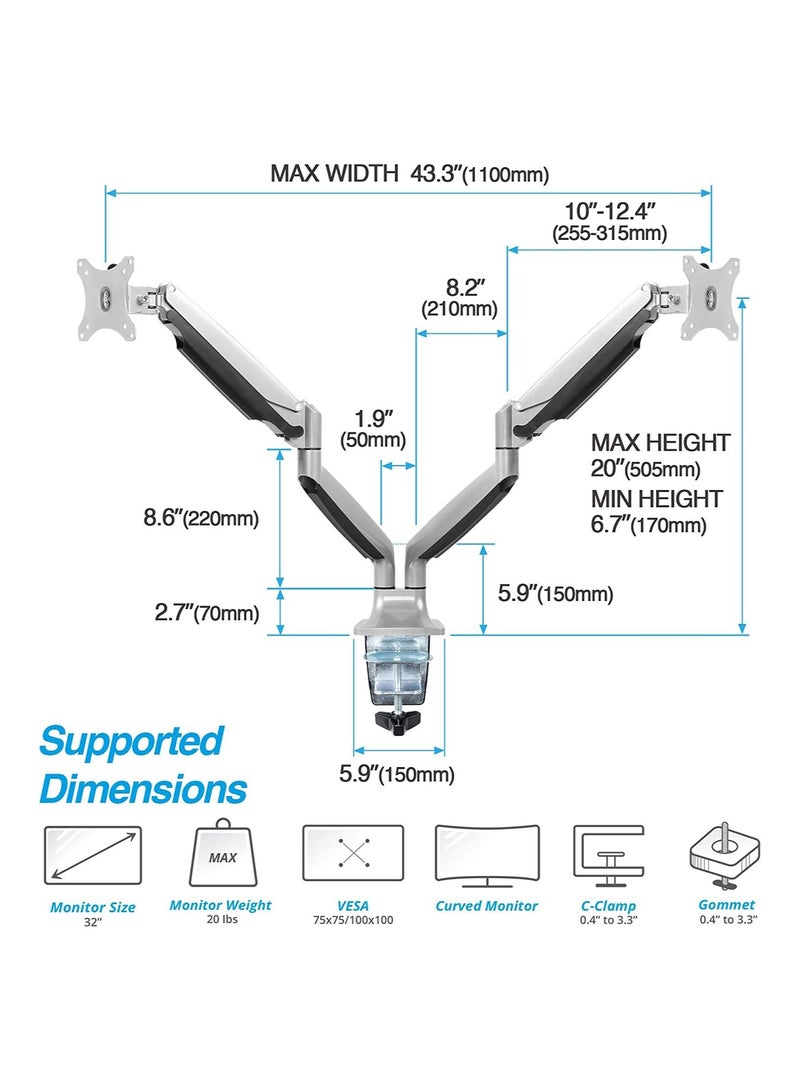 Premium Aluminum Gas Spring Monitor Mounting Arm - Dual - Heavy Duty Holds 13" to 32" Screens - Image 2