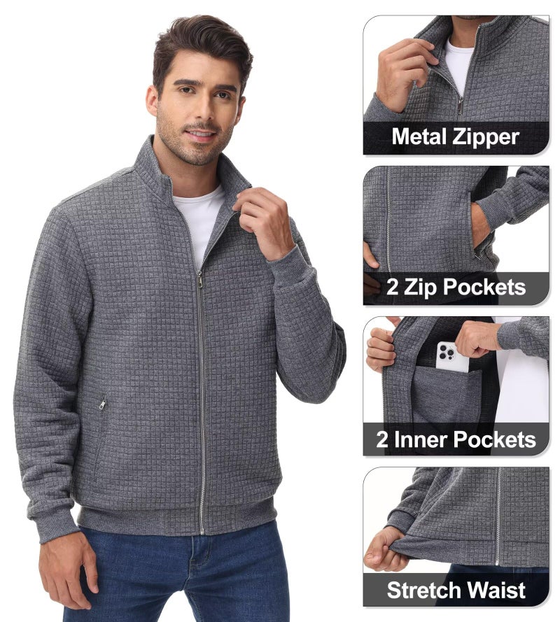 Satankud Men's Jacquard Waffle PlaidCloth Bright Metal Zipper Lightweight Jacket Darkgrey Small - Image 4