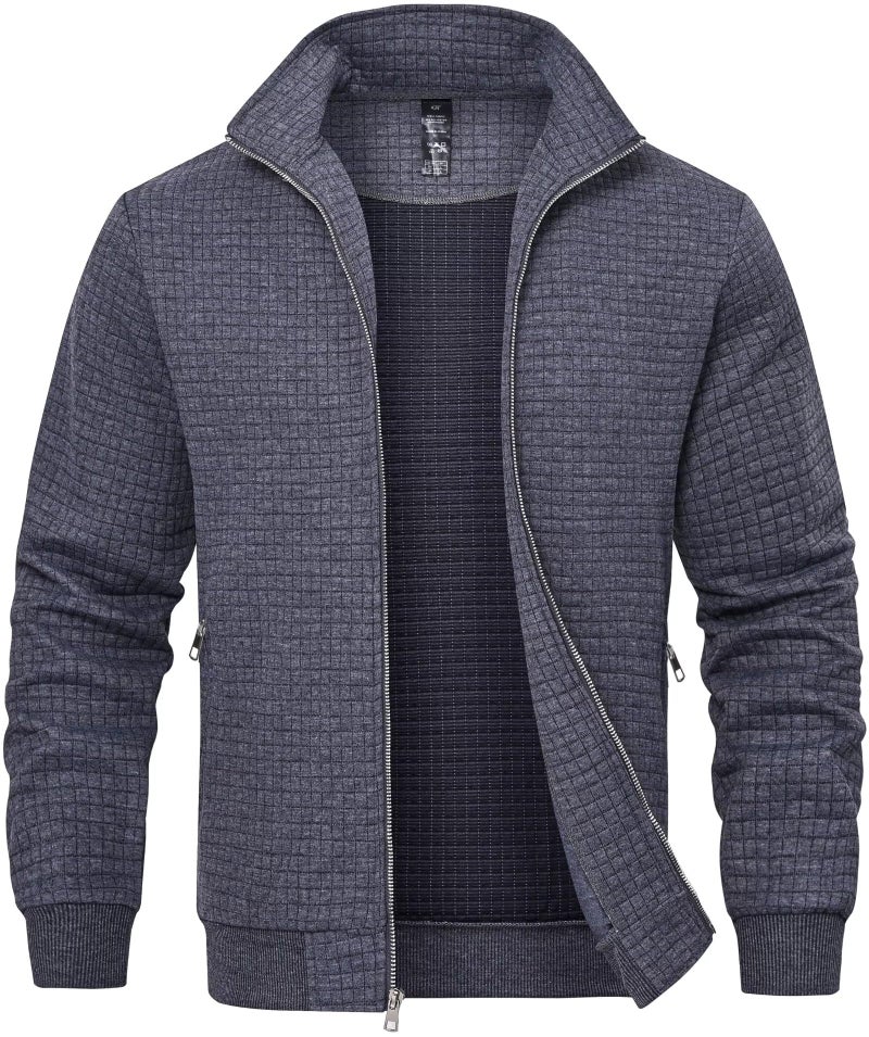 Satankud Men's Jacquard Waffle PlaidCloth Bright Metal Zipper Lightweight Jacket Darkgrey Small - Image 1