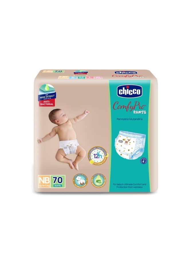 Chicco Comfy-Pro Pant Style Baby Diapers | Anti-bacterial benefits | Ultra Soft & 12hrs protection | Wetness indicator & Disposing Tapes - New Born, 70 Count, Upto 5kg - Image 1