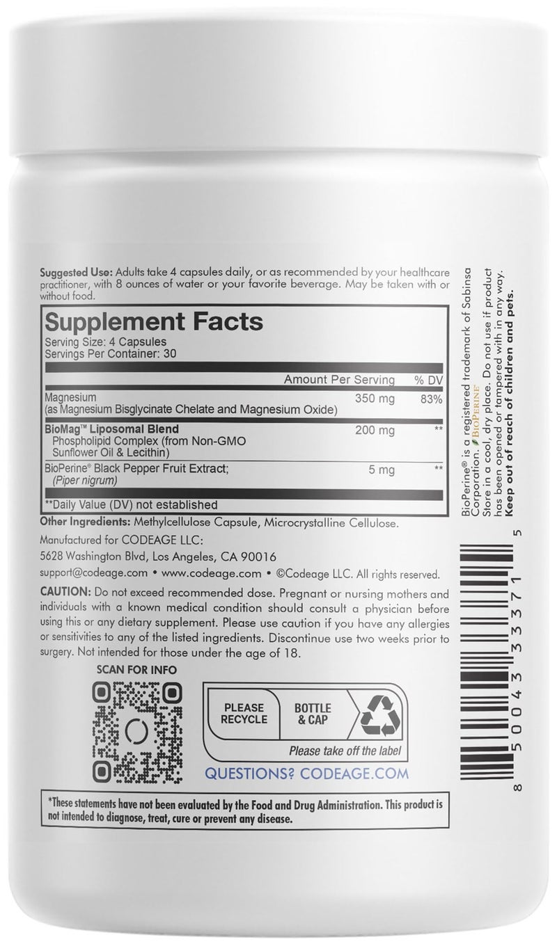 Codeage High Absorption Liposomal Magnesium Glycinate Pills - Magnesium Bisglycinate Supplement - Vegan Capsules with BioPerine for Bioavailability, Bisglycinate Mineral Supplement - 120 Ct - Image 2