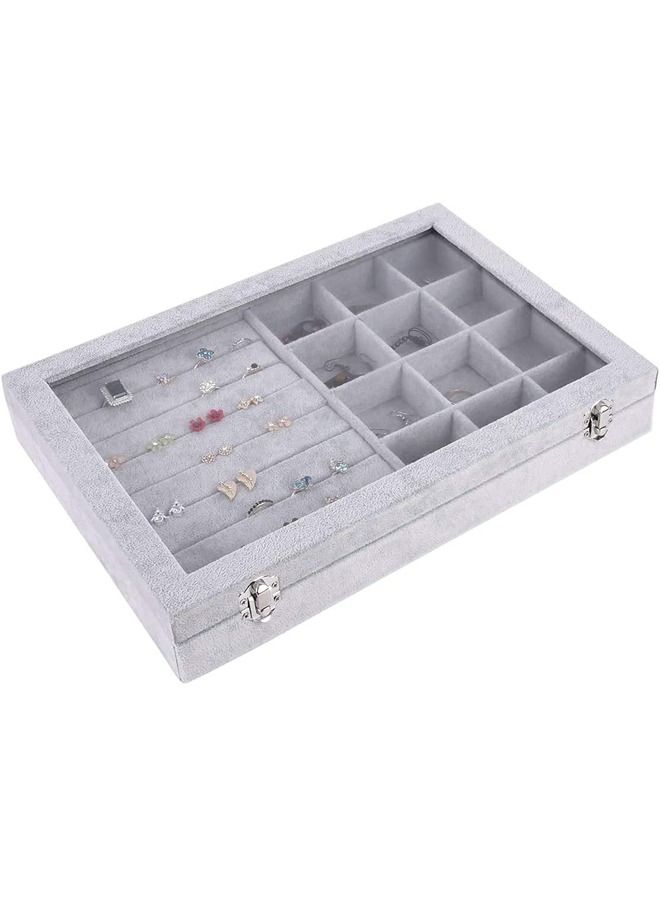 PADOM صينية مجوهرات بادوم، منظم مجوهرات متعدد الوظائف مع غطاء وقفل للخاتم والقرط والقرط والقلادة والسوار والساعة وصينية عرض مجوهرات مخملية ناعمة (مزيج الخواتم 12 شبكة) - Image 5