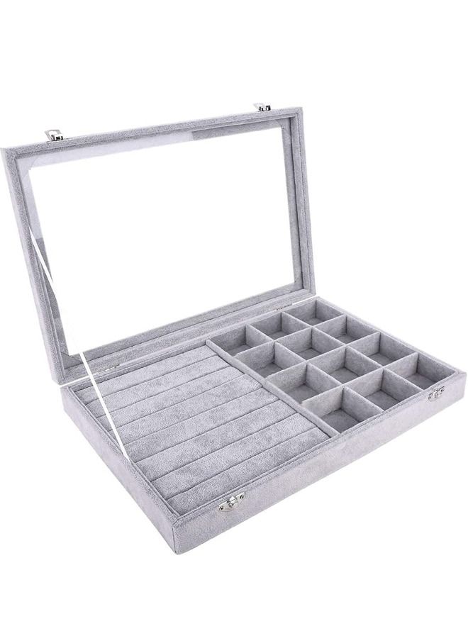 PADOM صينية مجوهرات بادوم، منظم مجوهرات متعدد الوظائف مع غطاء وقفل للخاتم والقرط والقرط والقلادة والسوار والساعة وصينية عرض مجوهرات مخملية ناعمة (مزيج الخواتم 12 شبكة) - Image 1