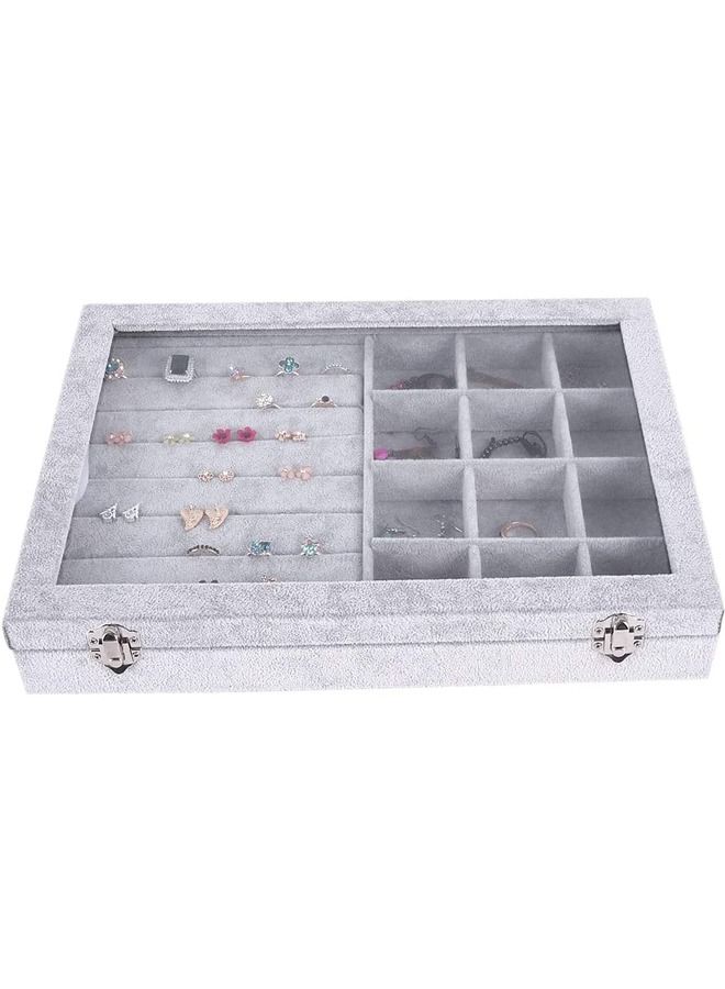 PADOM صينية مجوهرات بادوم، منظم مجوهرات متعدد الوظائف مع غطاء وقفل للخاتم والقرط والقرط والقلادة والسوار والساعة وصينية عرض مجوهرات مخملية ناعمة (مزيج الخواتم 12 شبكة) - Image 3