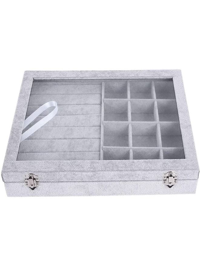 PADOM صينية مجوهرات بادوم، منظم مجوهرات متعدد الوظائف مع غطاء وقفل للخاتم والقرط والقرط والقلادة والسوار والساعة وصينية عرض مجوهرات مخملية ناعمة (مزيج الخواتم 12 شبكة) - Image 2