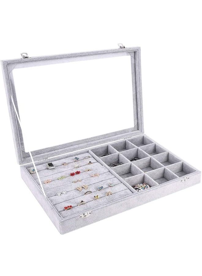 PADOM صينية مجوهرات بادوم، منظم مجوهرات متعدد الوظائف مع غطاء وقفل للخاتم والقرط والقرط والقلادة والسوار والساعة وصينية عرض مجوهرات مخملية ناعمة (مزيج الخواتم 12 شبكة) - Image 4