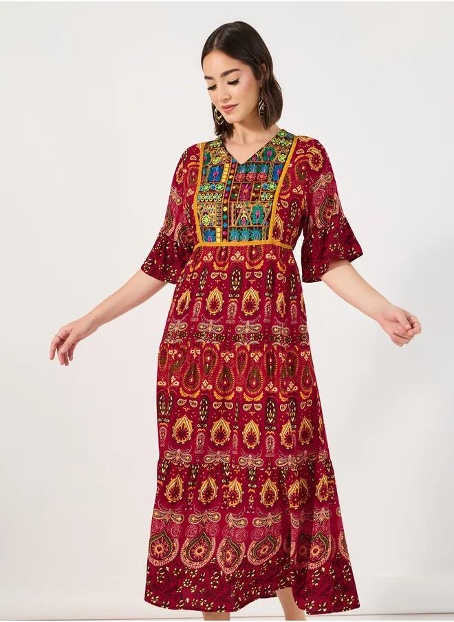 Styli Bohemian Print V Neck A-Line Midi Dress