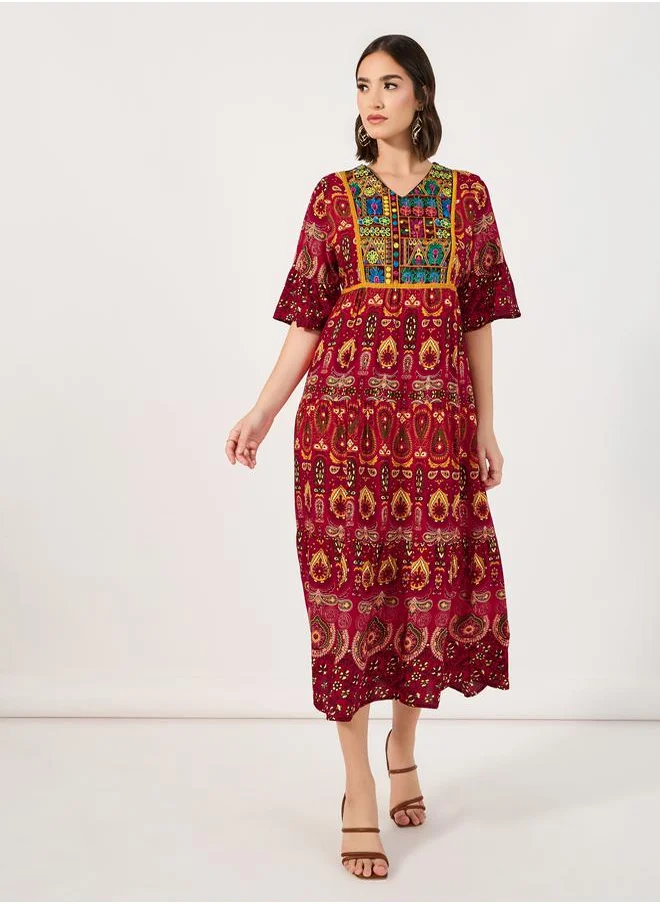 Styli Bohemian Print V Neck A-Line Midi Dress