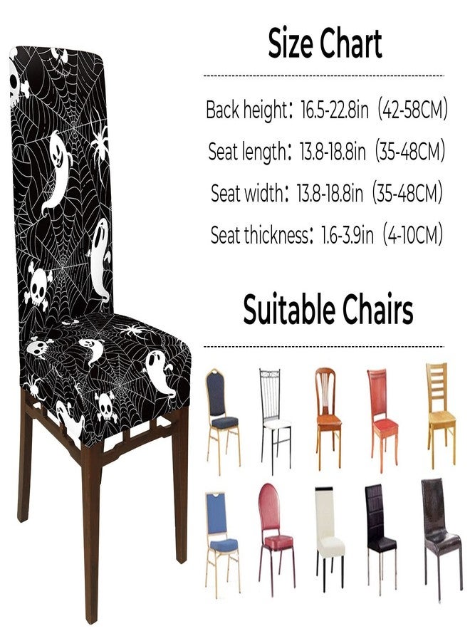 Whaline 4Pcs Halloween Chair Covers Black White Spider Web Ghost Skull Pattern Dining Chair Slipcovers Stretch Elastic Seat Covers for Halloween Party Home Kitchen Hotel Restaurant Ceremony Decor - Image 2