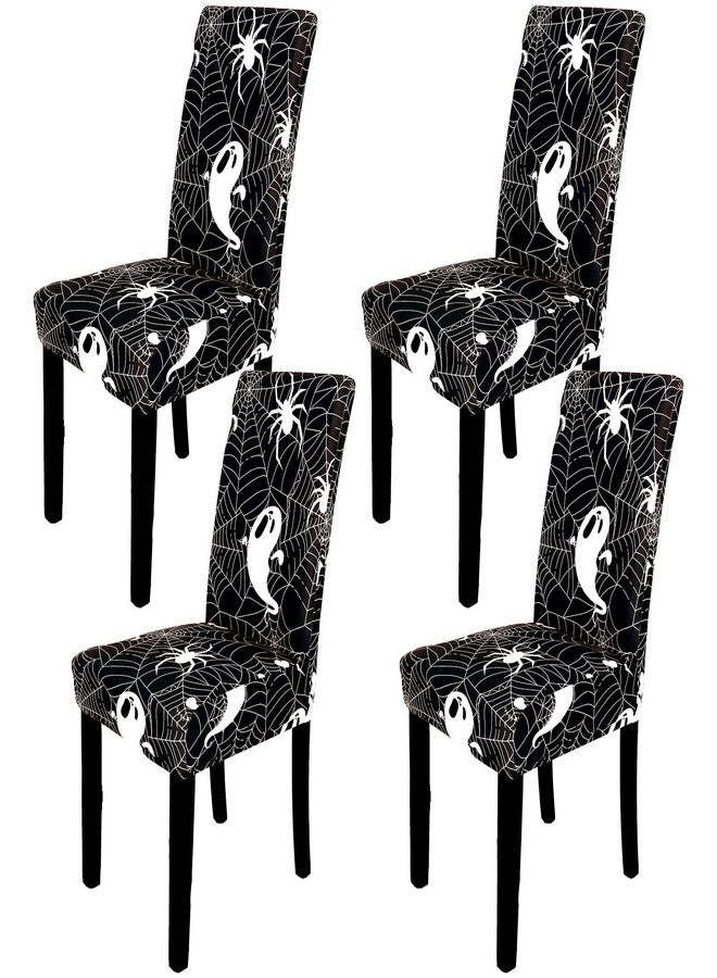 Whaline 4Pcs Halloween Chair Covers Black White Spider Web Ghost Skull Pattern Dining Chair Slipcovers Stretch Elastic Seat Covers for Halloween Party Home Kitchen Hotel Restaurant Ceremony Decor - Image 1