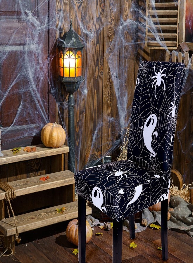 Whaline 4Pcs Halloween Chair Covers Black White Spider Web Ghost Skull Pattern Dining Chair Slipcovers Stretch Elastic Seat Covers for Halloween Party Home Kitchen Hotel Restaurant Ceremony Decor - Image 5