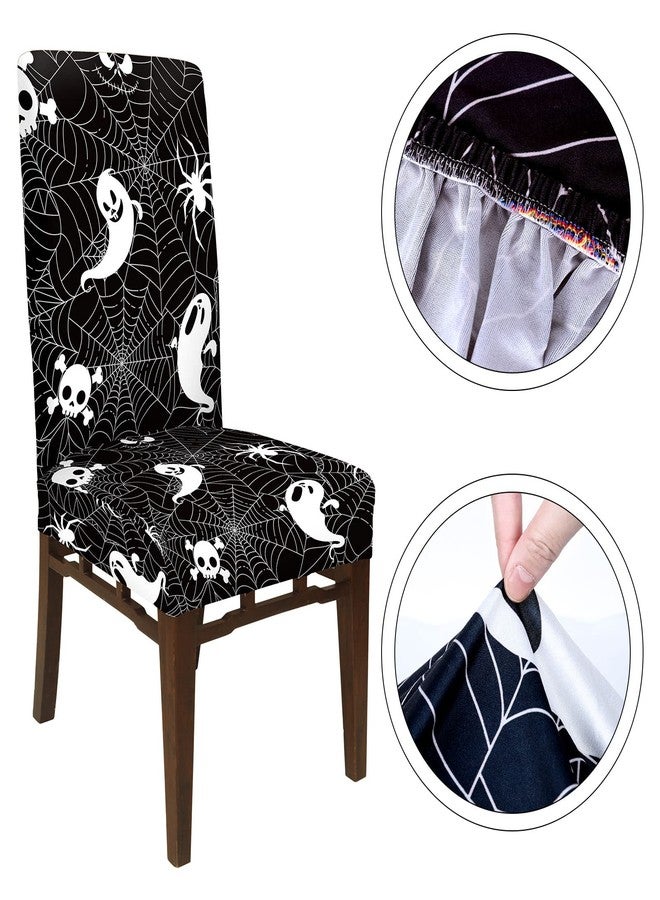 Whaline 4Pcs Halloween Chair Covers Black White Spider Web Ghost Skull Pattern Dining Chair Slipcovers Stretch Elastic Seat Covers for Halloween Party Home Kitchen Hotel Restaurant Ceremony Decor - Image 4