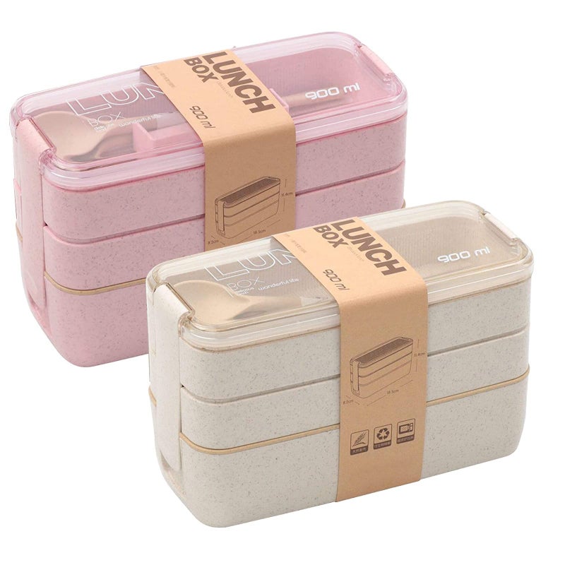 Rarapop 2 Pack Stackable Bento Box Japanese Lunch Box Kit with Spoon  Fork 3In1 Compartment Wheat Straw Meal Prep Containers for Kids  Adults PinkBeige