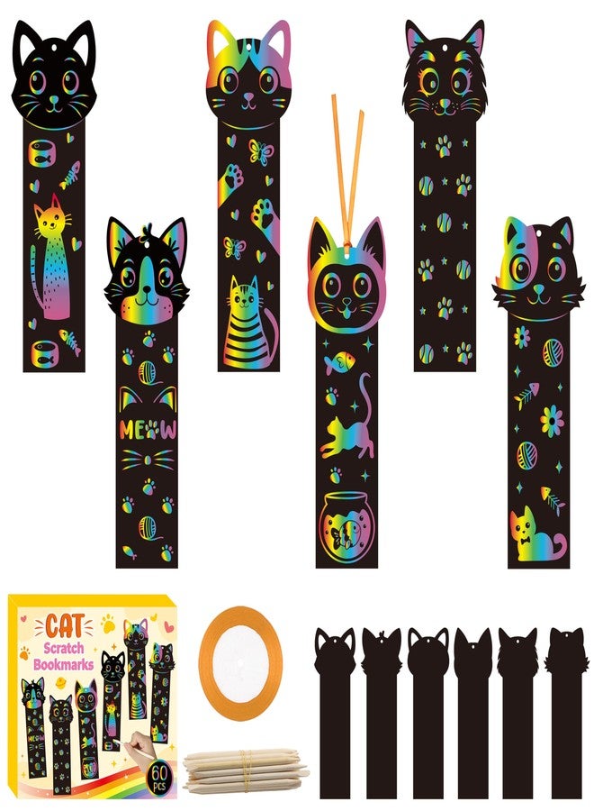 CY2SIDE 60PCS Cat Animal Scratch Bookmarks Crafts Kit for Kids, DIY Cat Rainbow Color Paper Cards Birthday Decorations, Cute Catling Pet Magic Art Project Party Favors for School Classroom Activities - Image 1