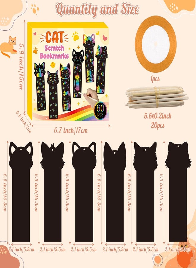 CY2SIDE 60PCS Cat Animal Scratch Bookmarks Crafts Kit for Kids, DIY Cat Rainbow Color Paper Cards Birthday Decorations, Cute Catling Pet Magic Art Project Party Favors for School Classroom Activities - Image 2