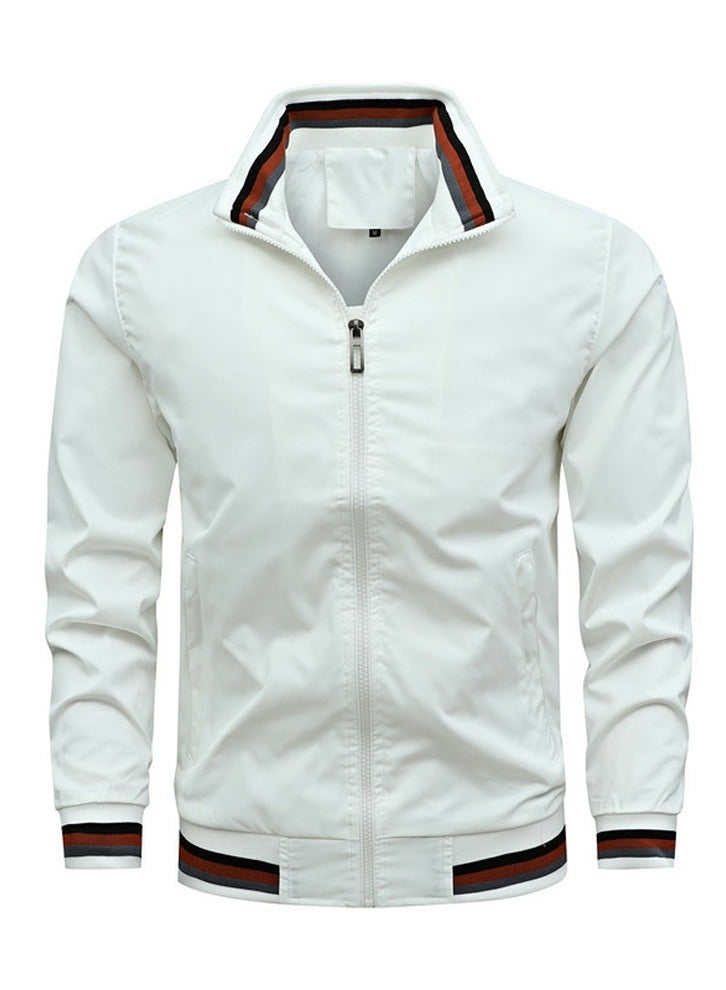 Loquat Men's Zippered Loose Work Jacket Long Sleeve Casual Coat White 