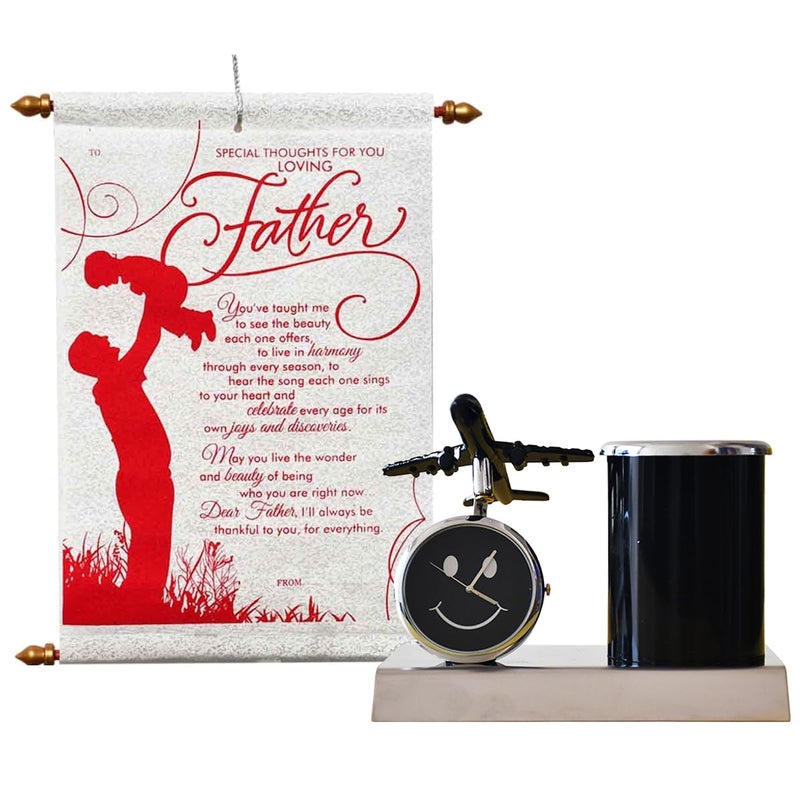 Saugat Traders Gift Set for Father Metal Aeroplane Pen Stand with Clock Showpiece with Father Scroll Card Birthday Gift Memorable Gift for Dad Fathers Day Wedding Anniversary - Image 1