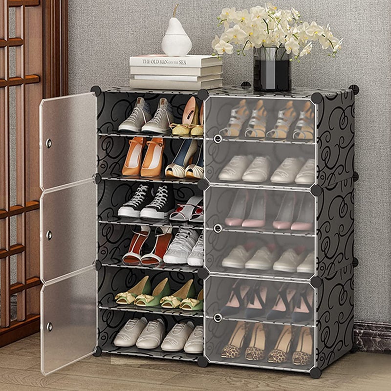 Zemic DIY Portable Shoe Rack for Home Plastic Shelves Household Shelf Shoe Rack with Dustproof Door for HeelsSlippersBoots for Entryway or Bedroom Black 12Shelf6Door