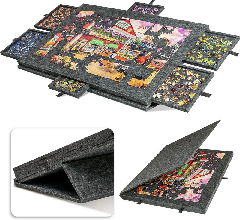 Moonmen 1000 Piece Foldable Puzzle Board with 6 Drawers and Cover, Portable Felt Puzzles Table, Portable Felt Jigsaw Table puzzle Storage for Adults (Dark Grey, 1000 Pcs) - Image 1