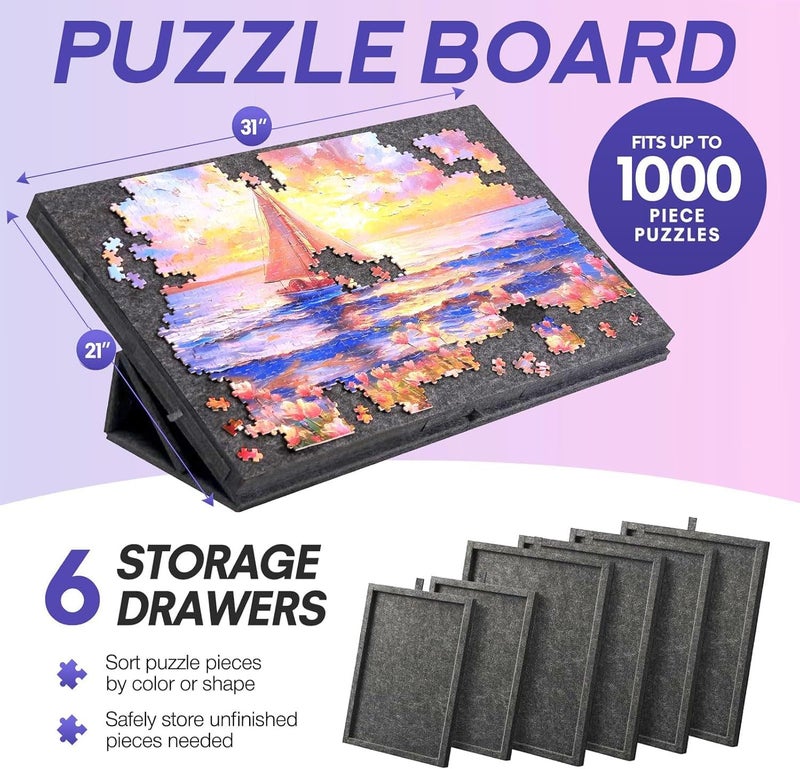Moonmen 1000 Piece Foldable Puzzle Board with 6 Drawers and Cover, Portable Felt Puzzles Table, Portable Felt Jigsaw Table puzzle Storage for Adults (Dark Grey, 1000 Pcs) - Image 3