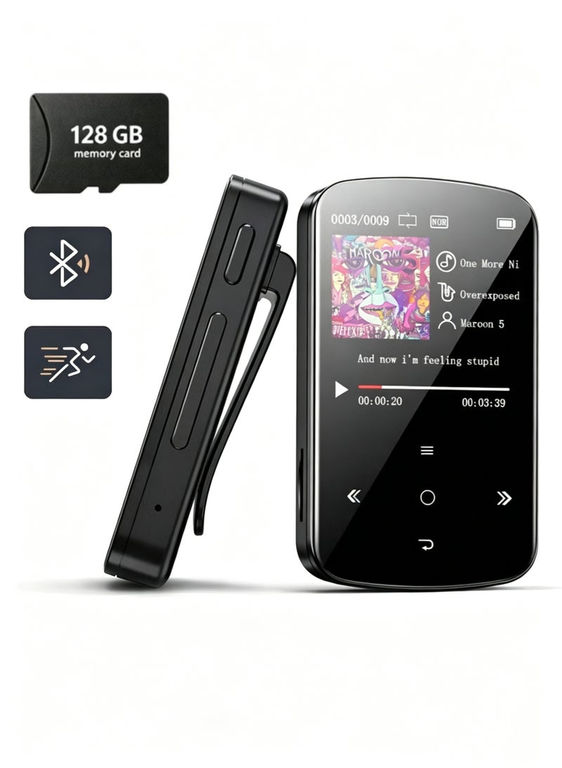 إكس ليفيل مشغل MP3 128 جيجابايت مع بلوتوث 5.2 ، 1.5 بوصة شاشة ملونة زر لمس حساس ، مشغل MP3 للموسيقى hi-fi مع مقطع مقياس دقة الصوت قارئ بطاقة مسجل ، وظيفة للرياضة الجري - Image 1