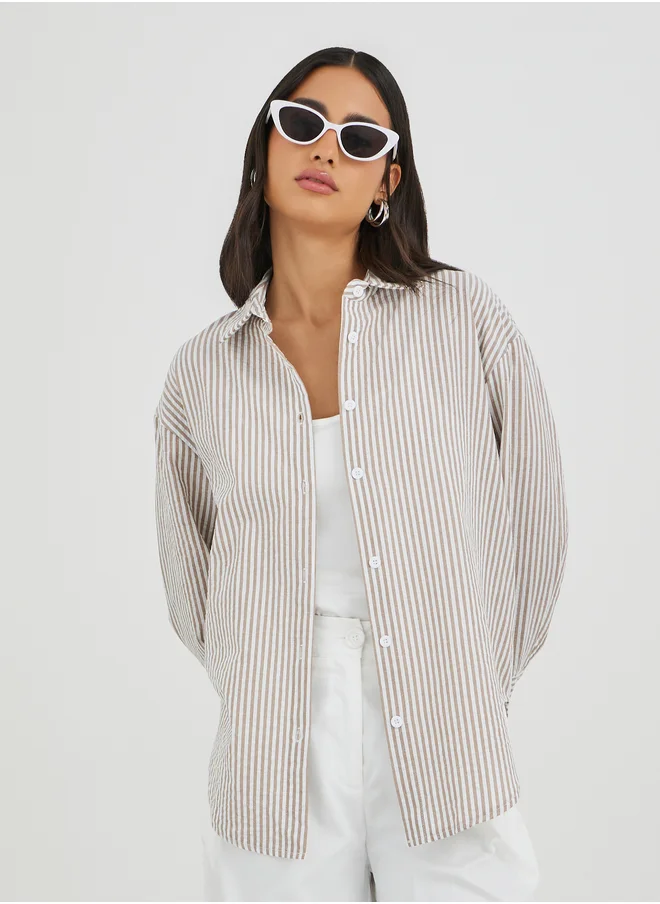 ستايلي Styli Striped Spread Collar Long Sleeve Shirt
