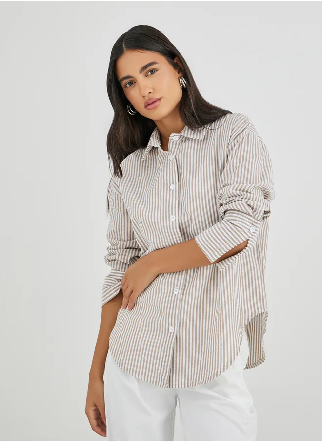 ستايلي Styli Striped Spread Collar Long Sleeve Shirt