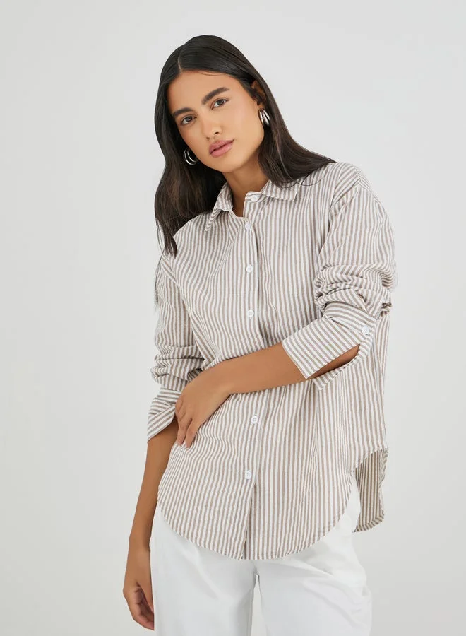 Styli Striped Spread Collar Long Sleeve Shirt