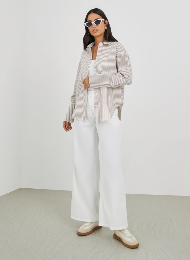 ستايلي قميص بأزرار وياقة مخططة وأكمام طويلة - Image 3