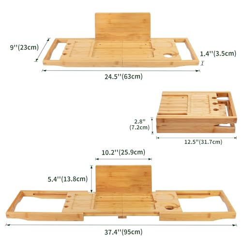 Utoplike Bamboo Bathtub Caddy Tray Bath Tray for Tub, Adjustable Bathroom Bathtub Organizer with Book Tablet Wine Glass Cup Towel Holder (24.5"-37.4") - Image 4