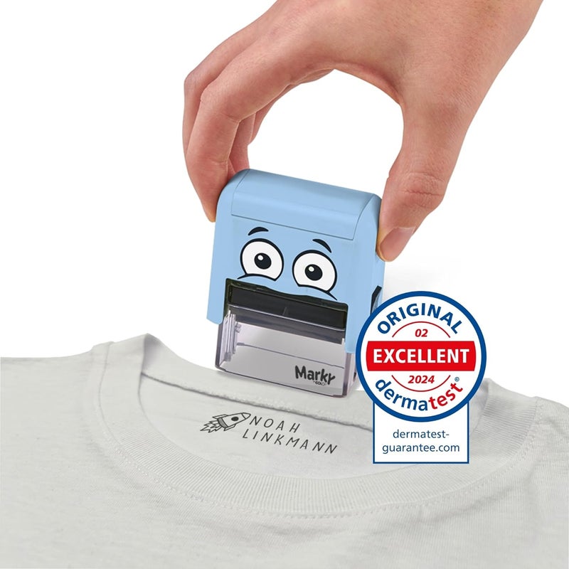 Colop MARKY C166666 Stamp Set in Light Blue, with Black Ink for Labelling Various Items and Clothes, Includes Interchangeable Stamp, Tweezers and Sticker, Blue - Image 2